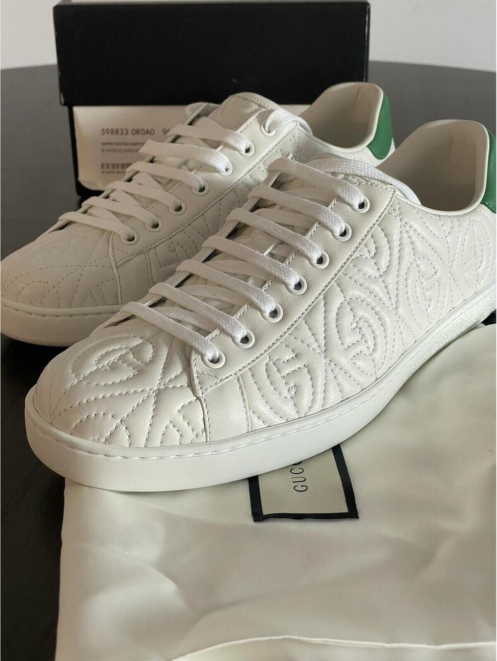 Gucci White Green Quilted Leather Lace Up Low Top Sneakers Mens Sz G8 US Sz 8.5 - Picture 9 of 9
